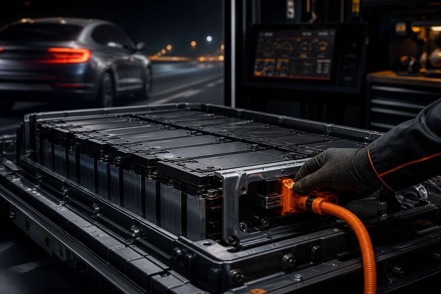 Batterie LFP ouverte avec cellules alignées et câble de recharge