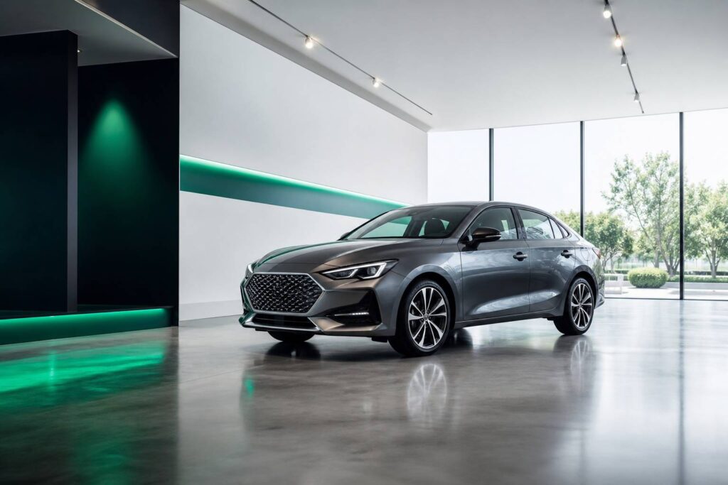 Berline compacte hybride dans un showroom moderne