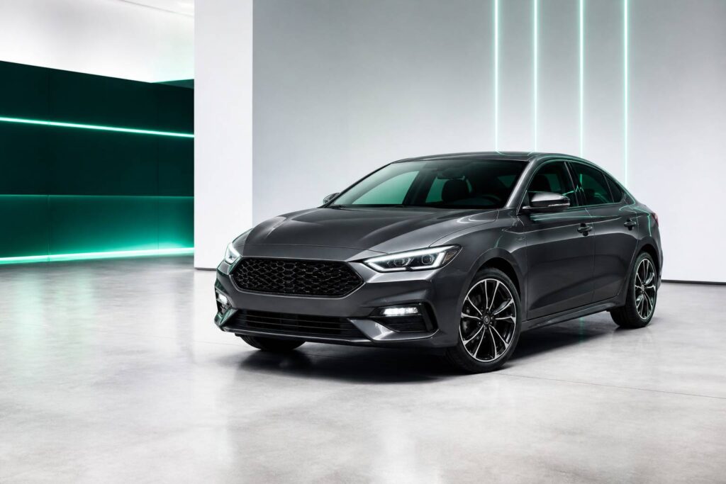 Berline compacte grise moderne dans un showroom clair et épuré