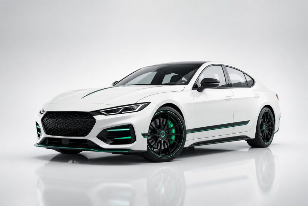 Berline hybride sportive blanche aux accents vert électrique en studio épuré
