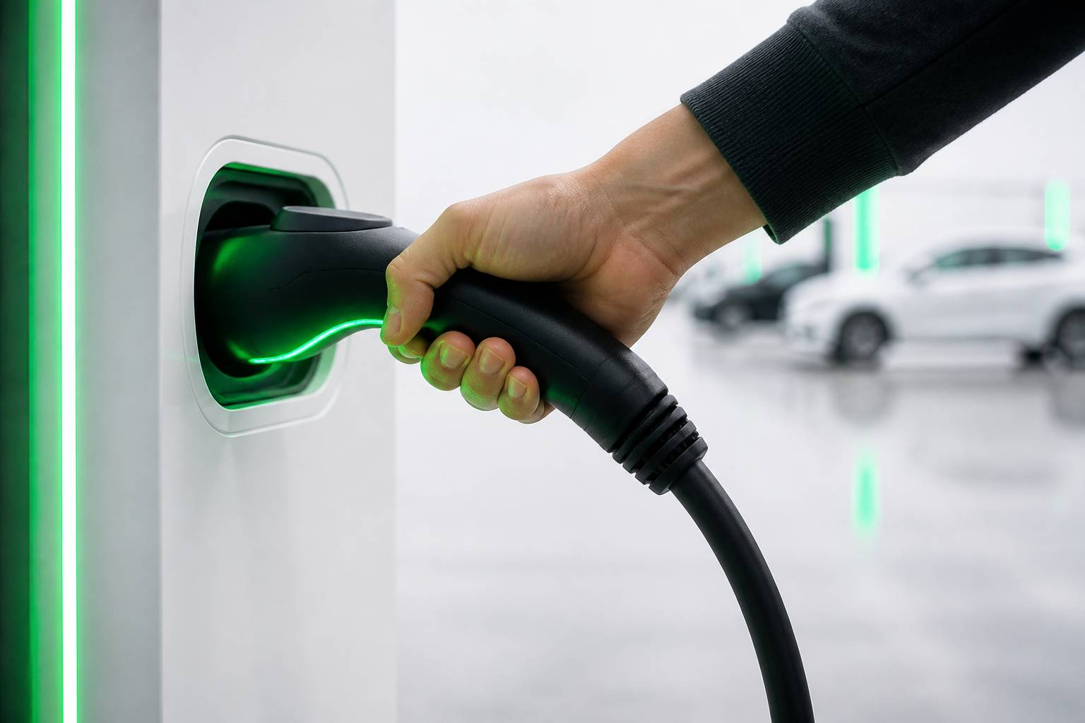 Câble de recharge branché sur une borne avec connecteur à la main
