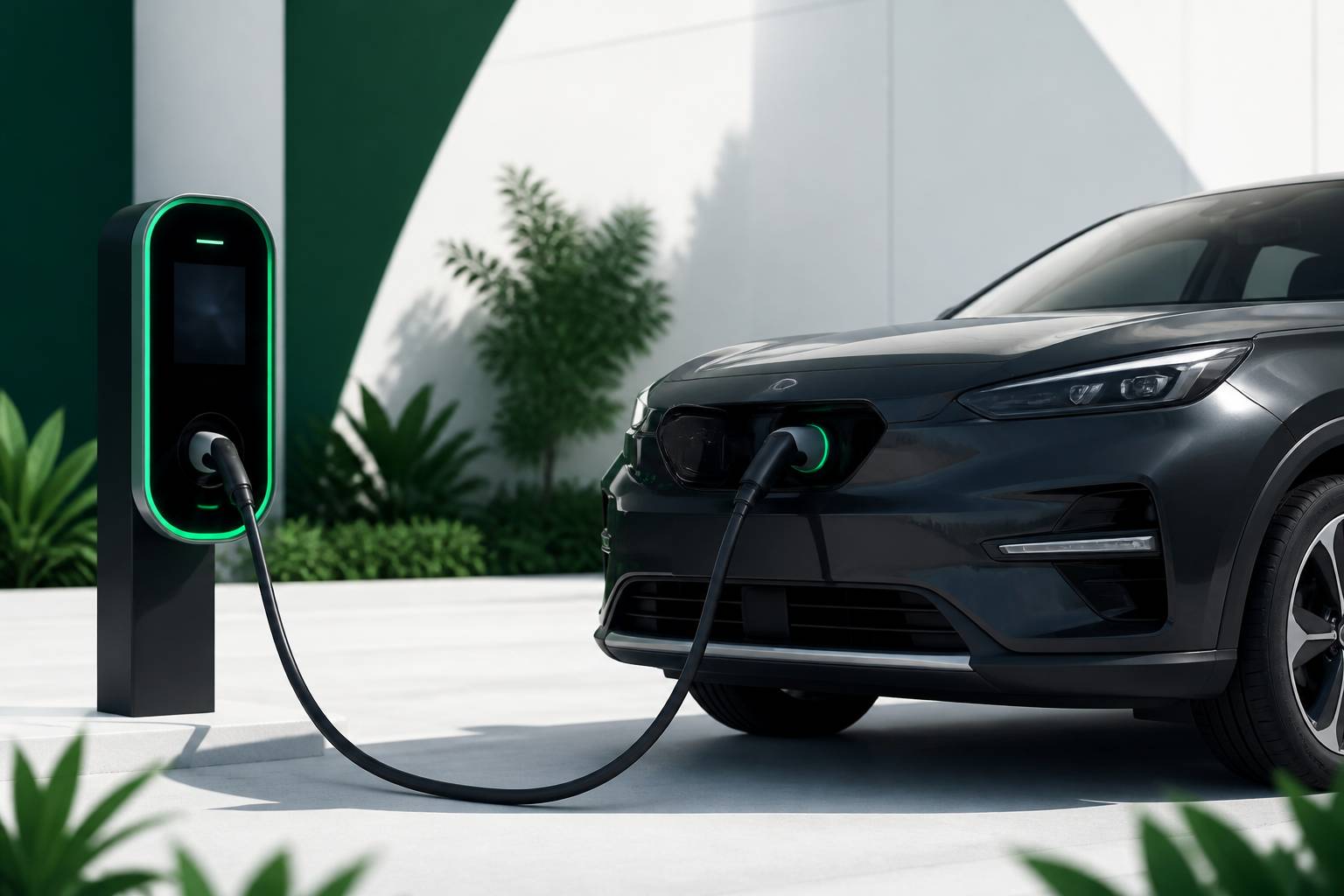Borne de recharge branchée à l'avant d'un SUV sombre