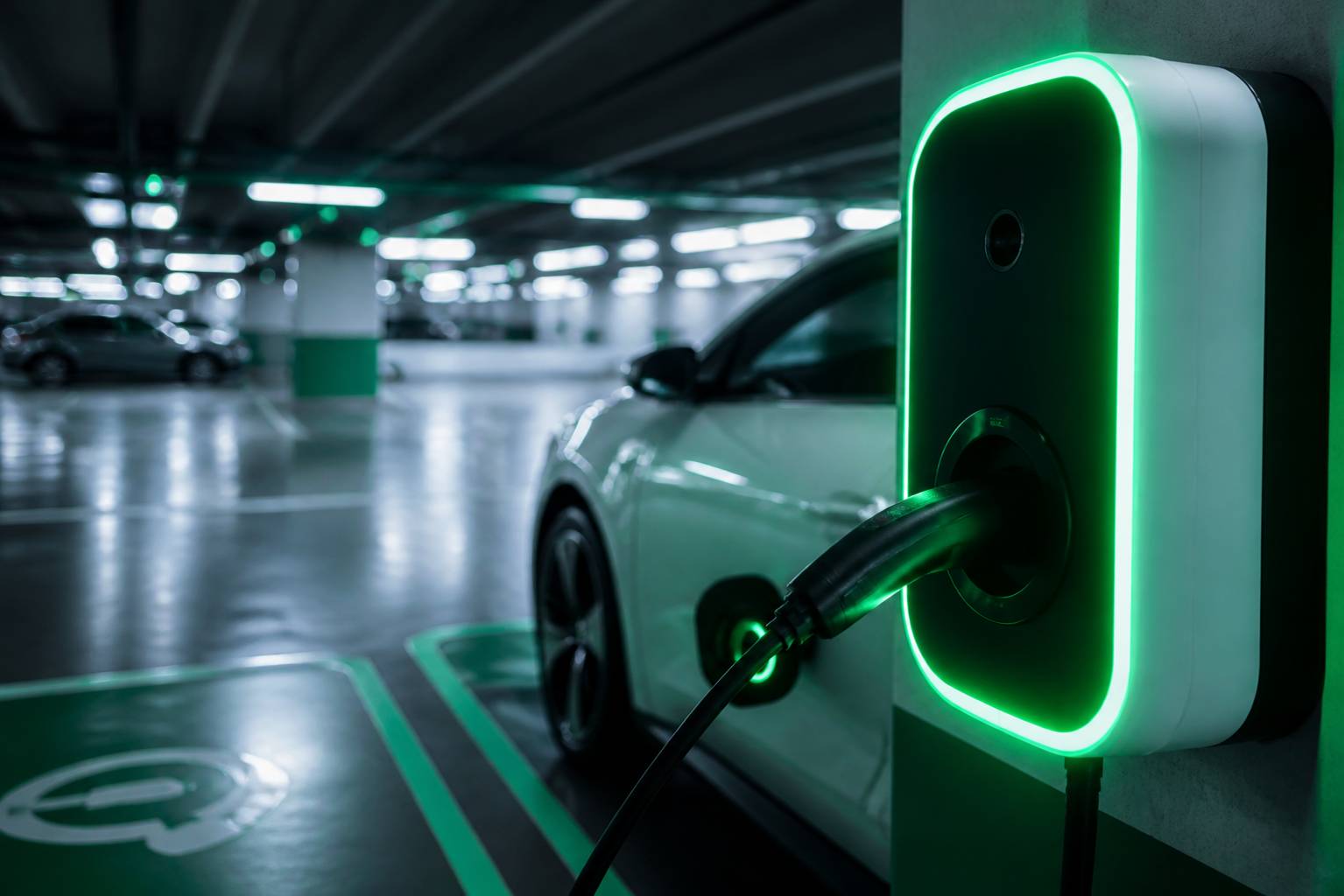 Borne de recharge électrique dans un parking souterrain