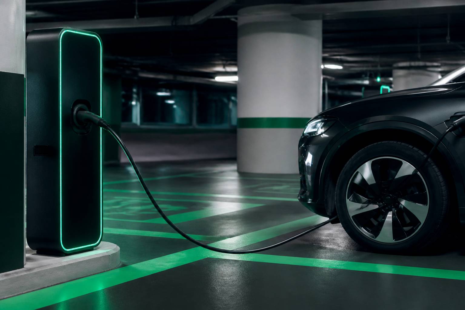 Borne de recharge avec câble branché à une voiture