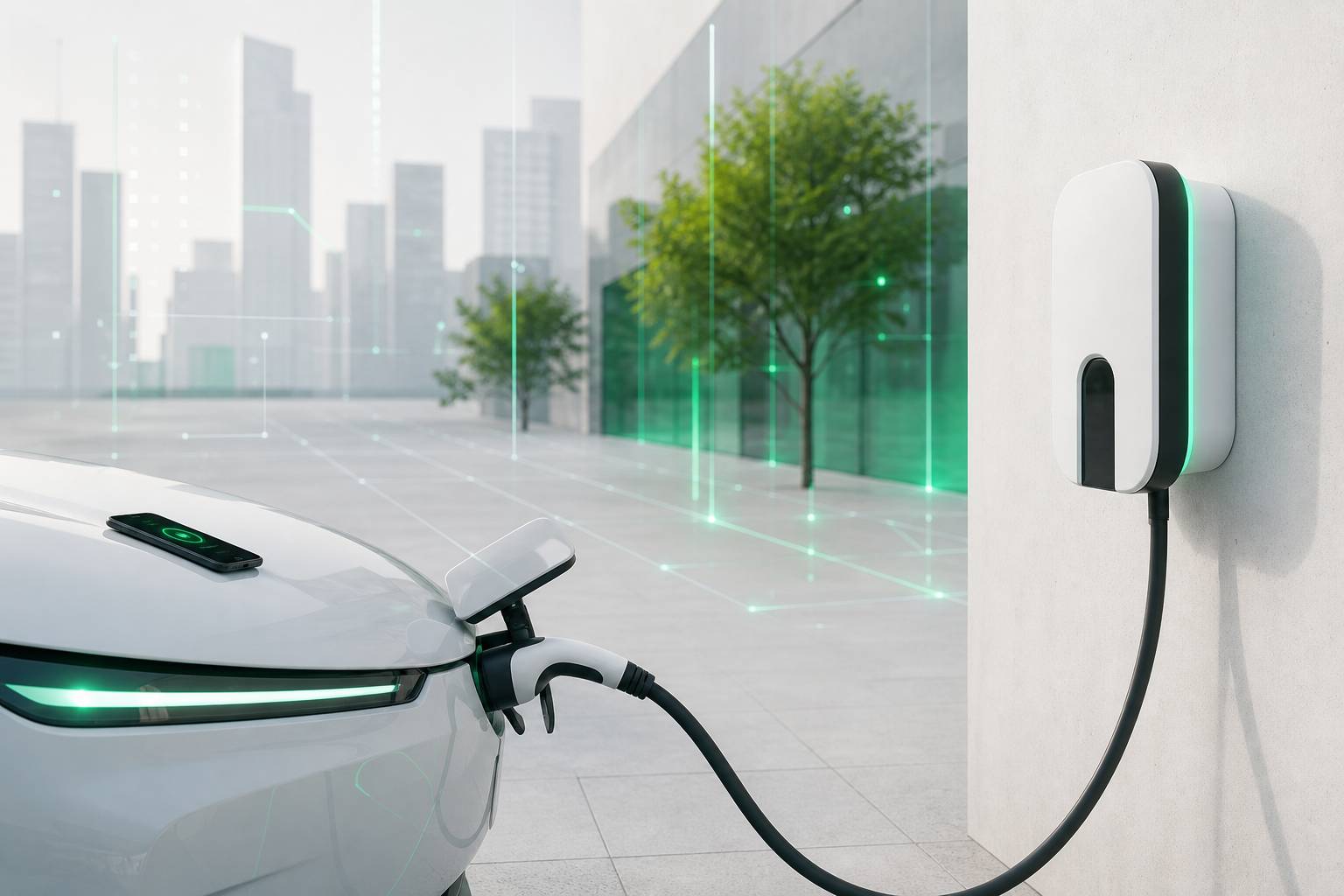 Borne de recharge murale avec câble branché à une voiture