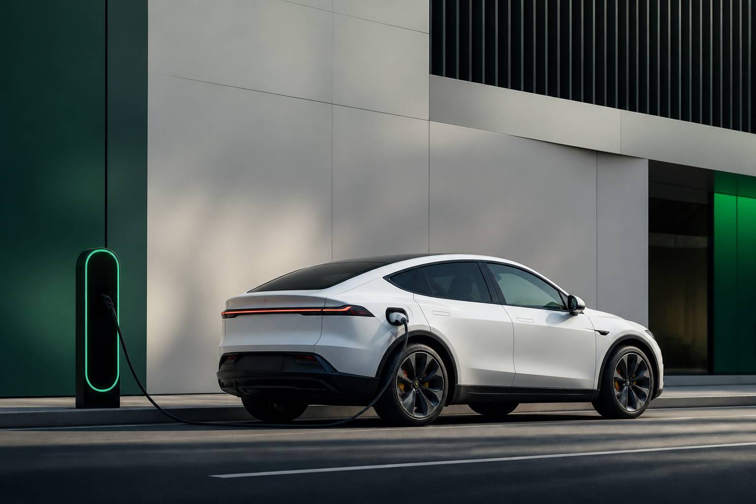 SUV coupé électrique sportif branché à une borne de recharge dans une rue moderne