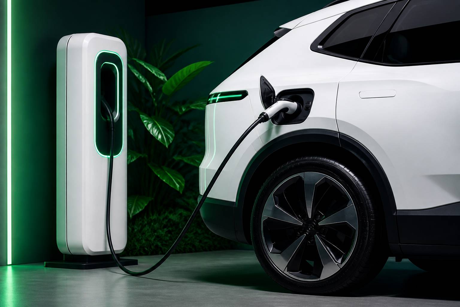 SUV électrique générique branché à une borne de recharge