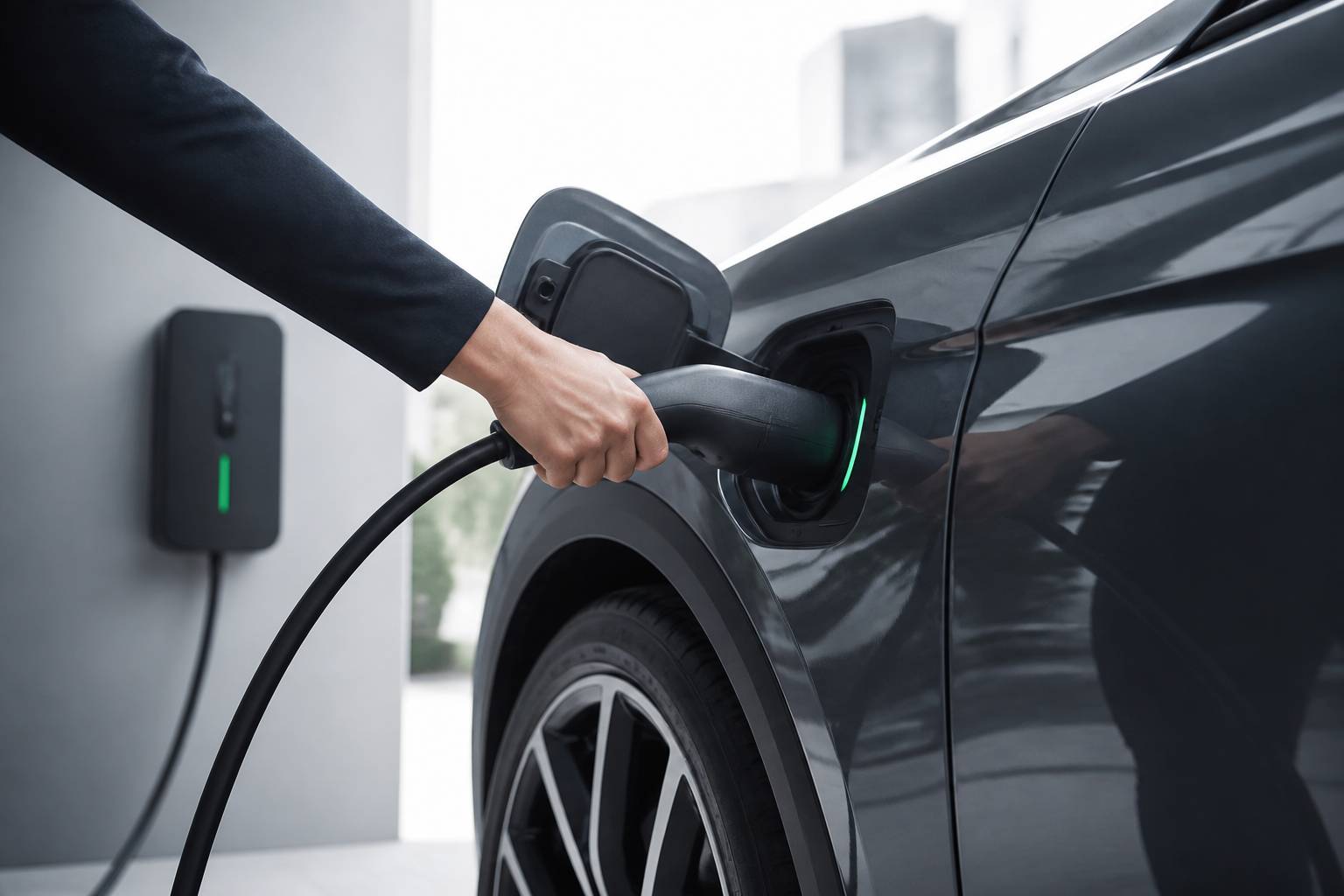Main branchant un câble de recharge sur l'aile d'une berline moderne