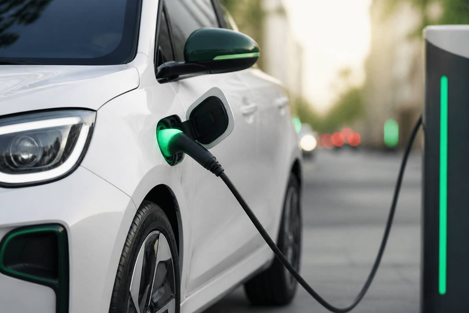 Câble de recharge branché sur le flanc d'une citadine électrique près d'une borne