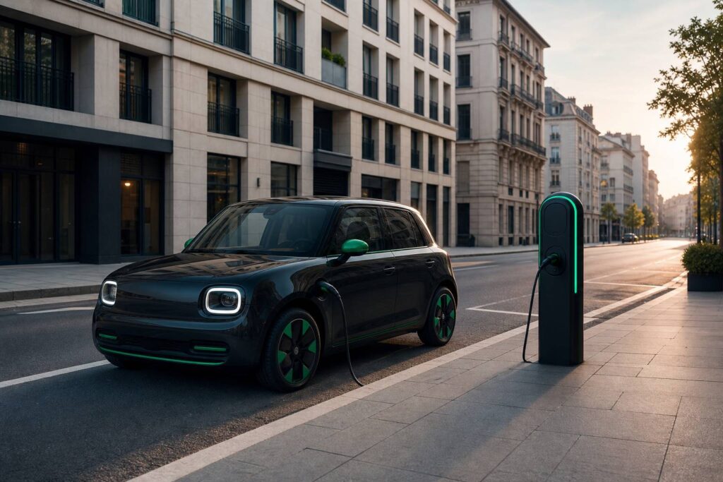 Citadine électrique compacte au design rétro-moderne garée près d'une borne de recharge en ville