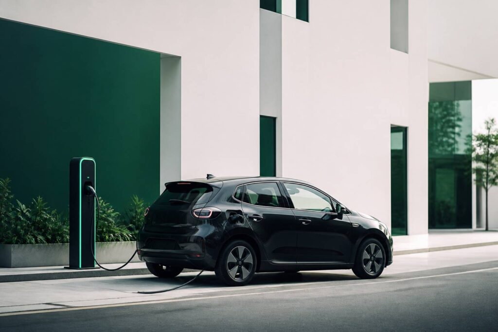 Citadine électrique compacte générique branchée à une borne de recharge dans une rue contemporaine