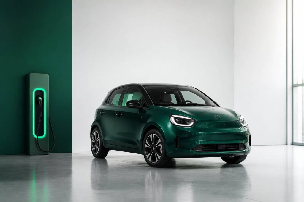 Citadine électrique compacte dans un showroom avec borne de recharge