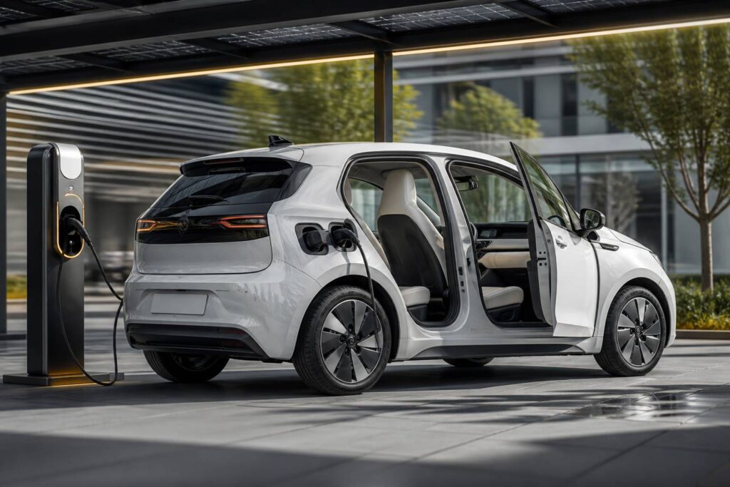 Citadine électrique blanche branchée à une borne de recharge moderne