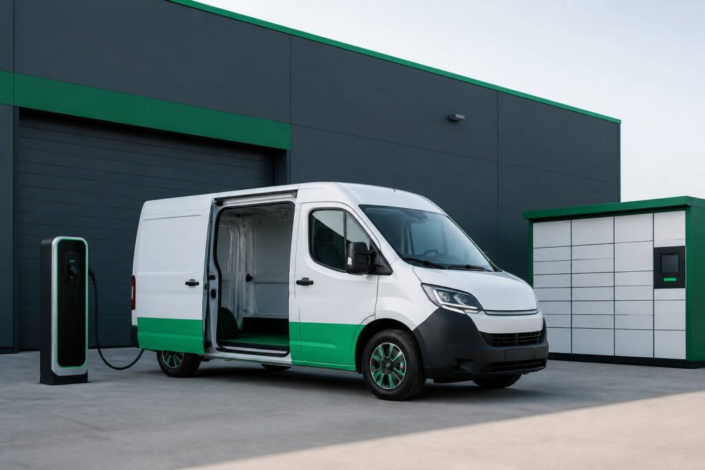 Fourgon utilitaire électrique moderne devant un entrepôt avec borne de recharge