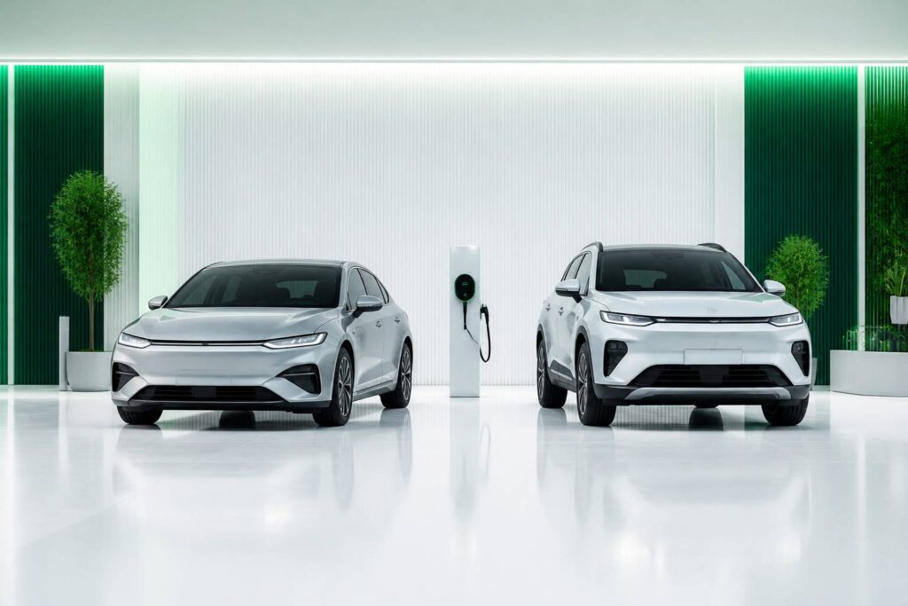 Berline et SUV hybrides rechargeables dans un showroom clair