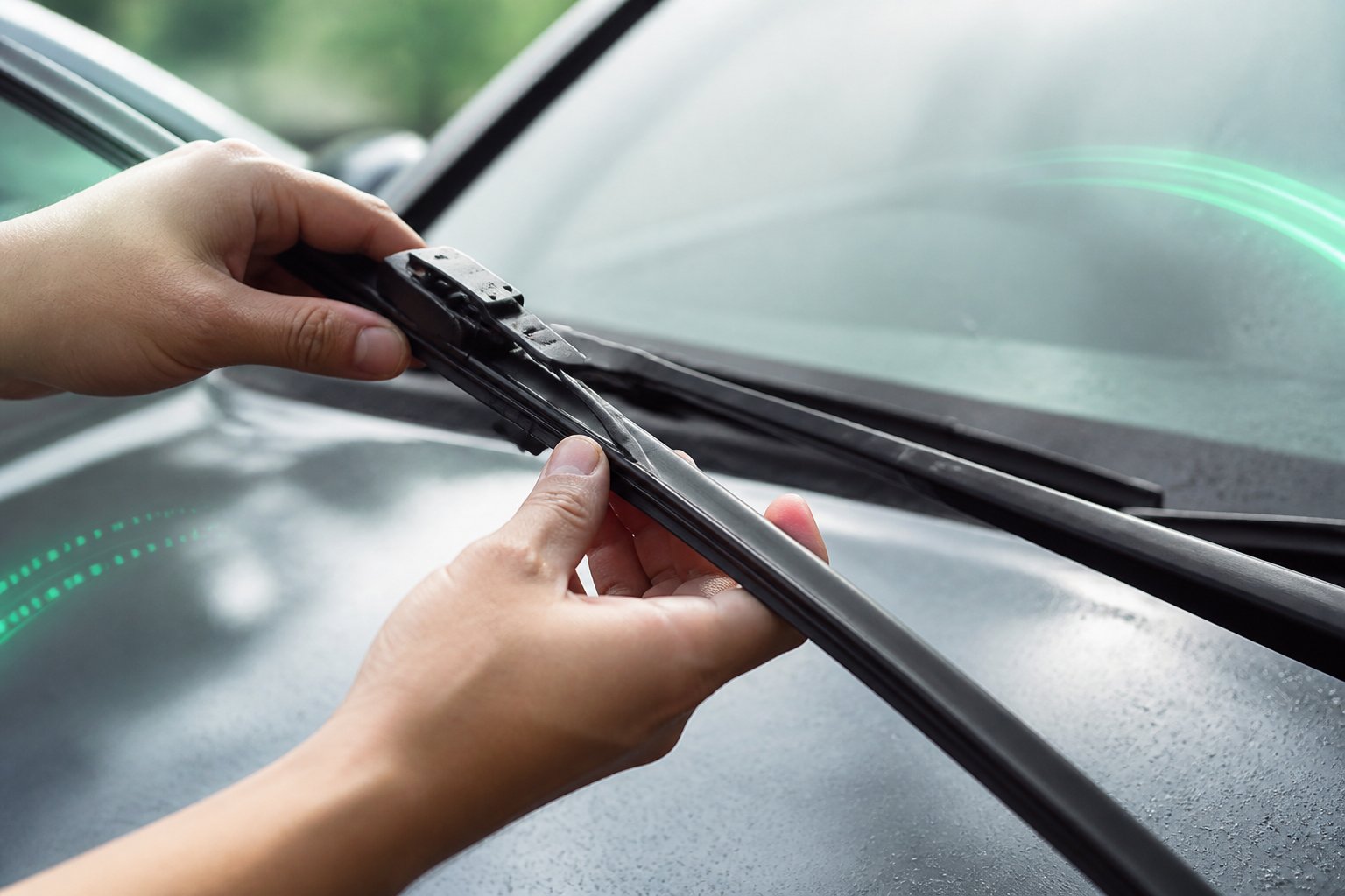 Mains installant un balai d'essuie-glace plat sur le bras d'essuie-glace d'une voiture