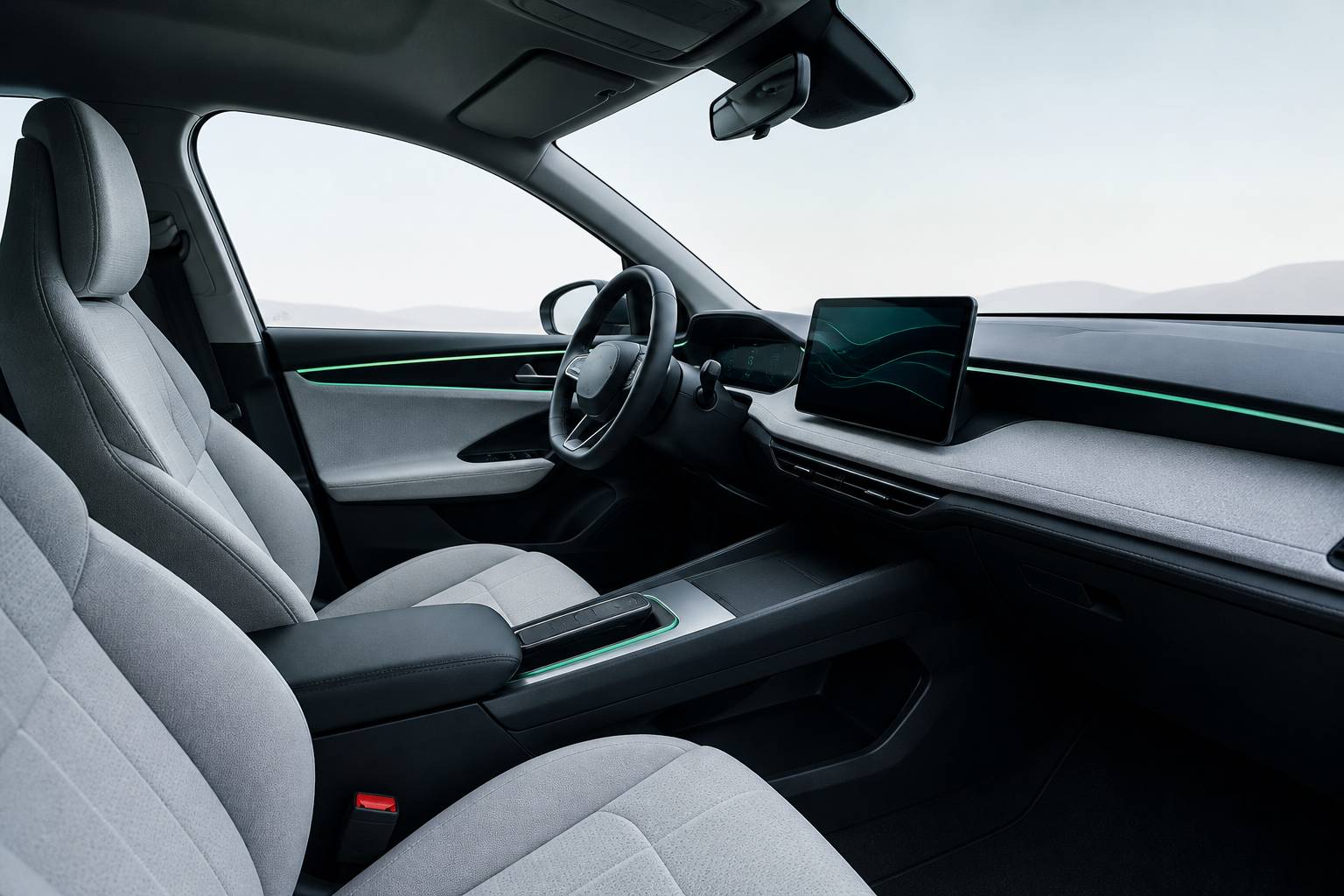 Intérieur moderne de SUV hybride avec sièges clairs et écran central au tableau de bord