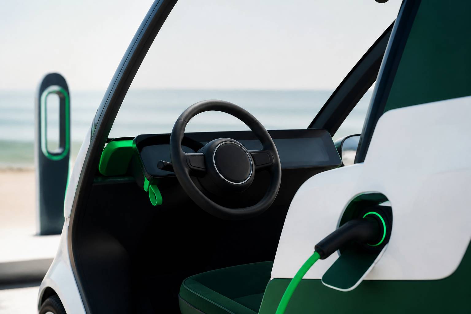 Intérieur épuré d'une voiture électrique avec câble de recharge