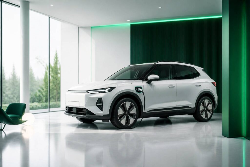 SUV hybride générique aux lignes modernes dans un showroom épuré