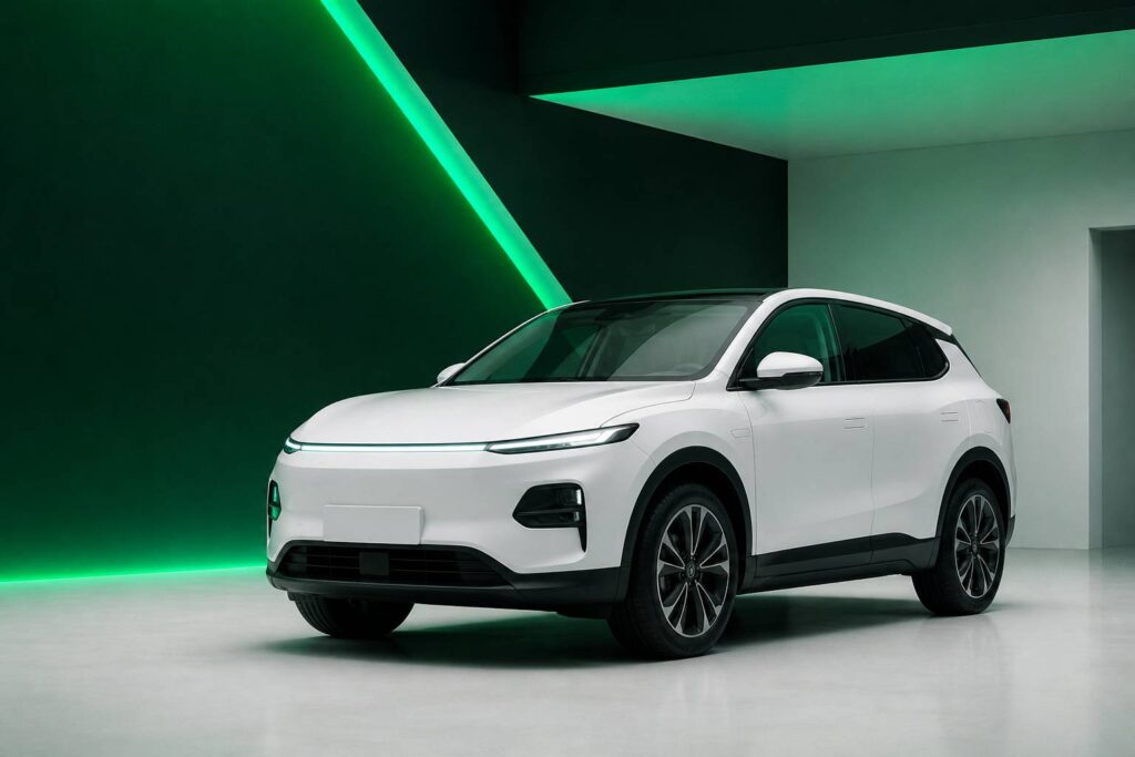 SUV électrique compact blanc au design épuré sans badge