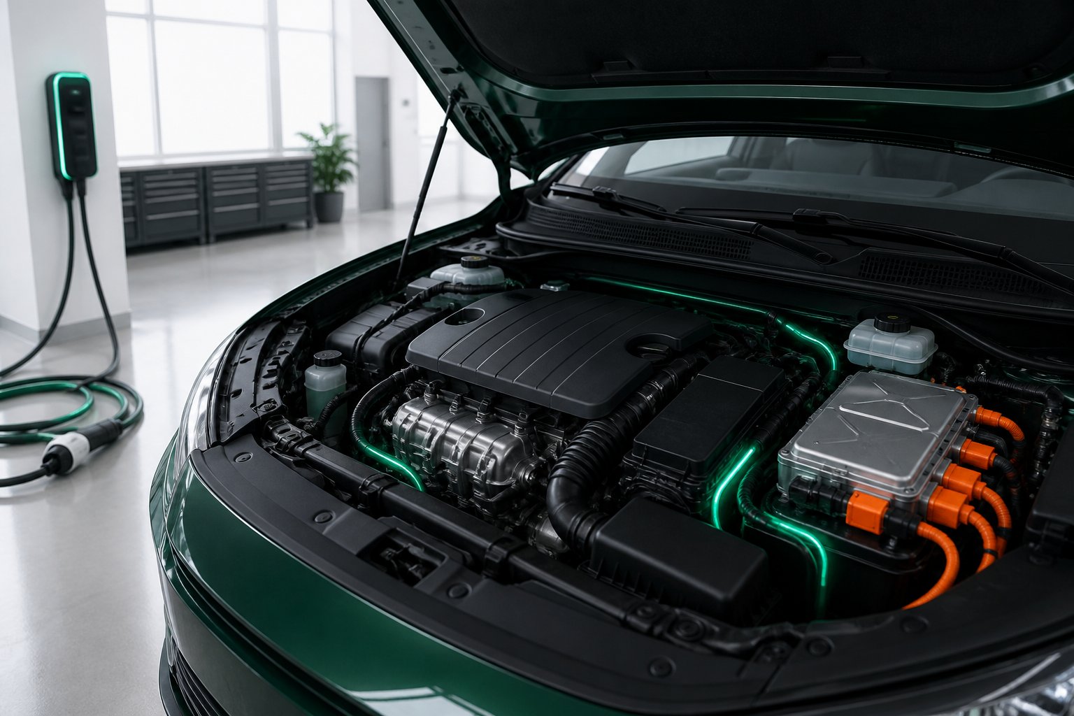 Compartiment moteur hybride avec liseré vert électrique dans un atelier clair