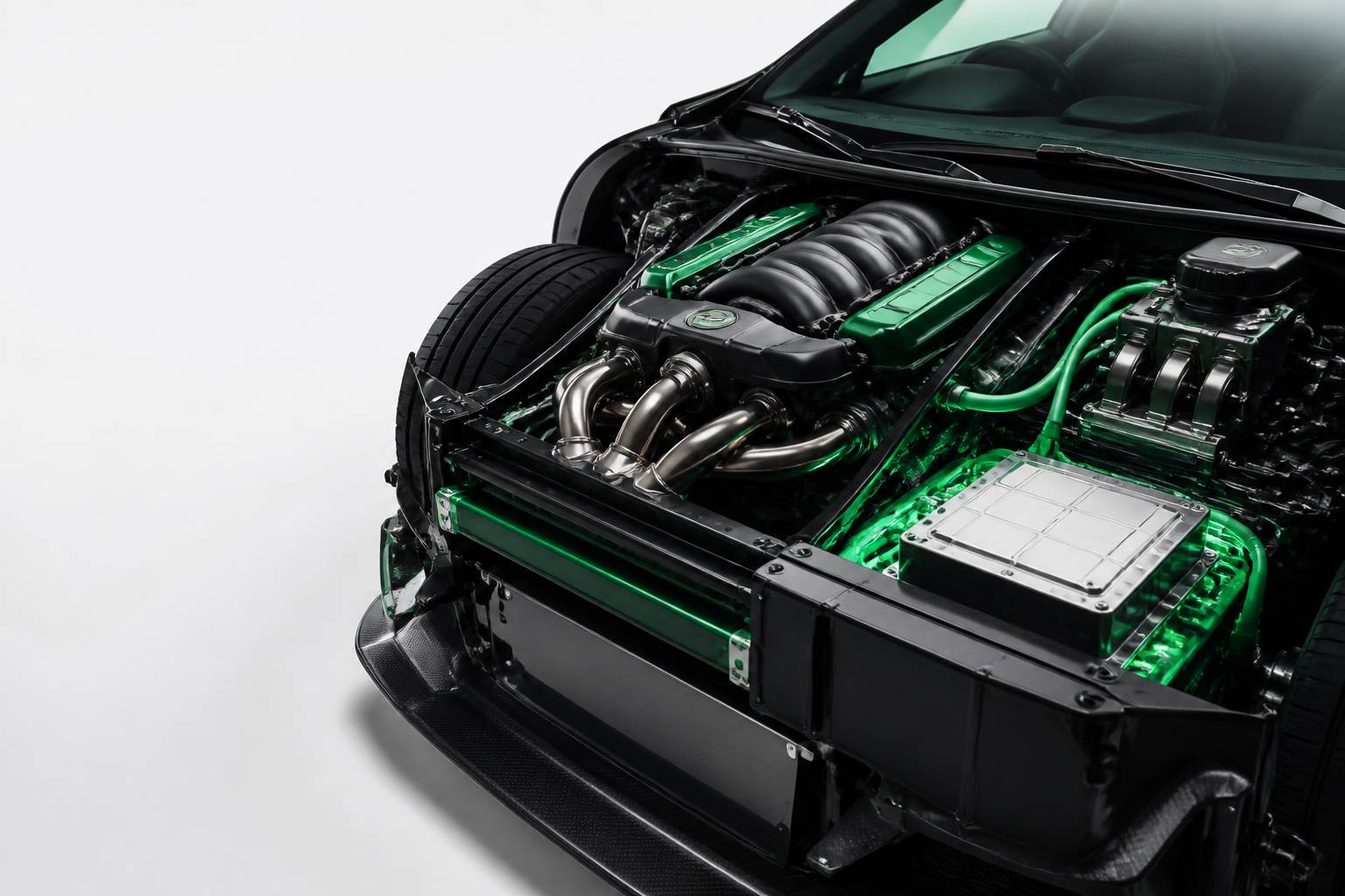 Compartiment moteur d'hypercar hybride avec V8 et bloc batterie