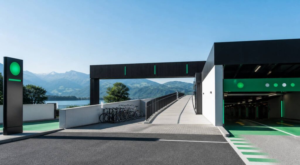Entrée d'un parking souterrain moderne près d'un lac