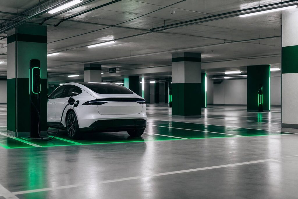 Parking souterrain moderne avec une voiture en recharge