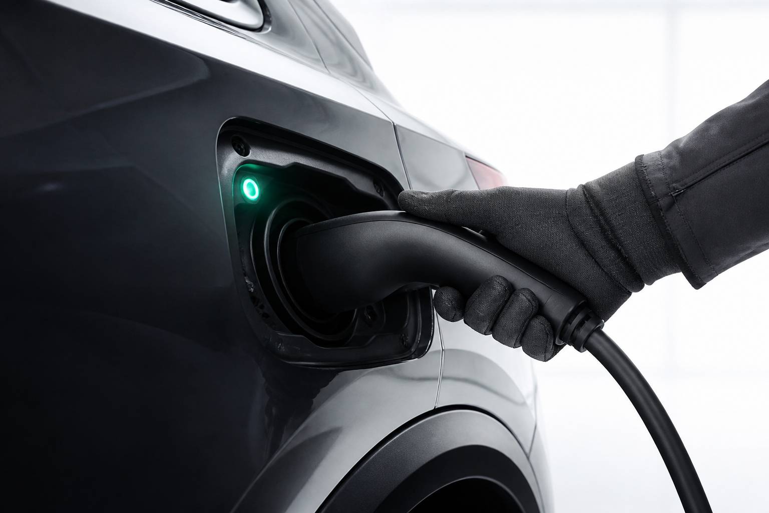 Câble de recharge branché sur un SUV avec voyant vert allumé