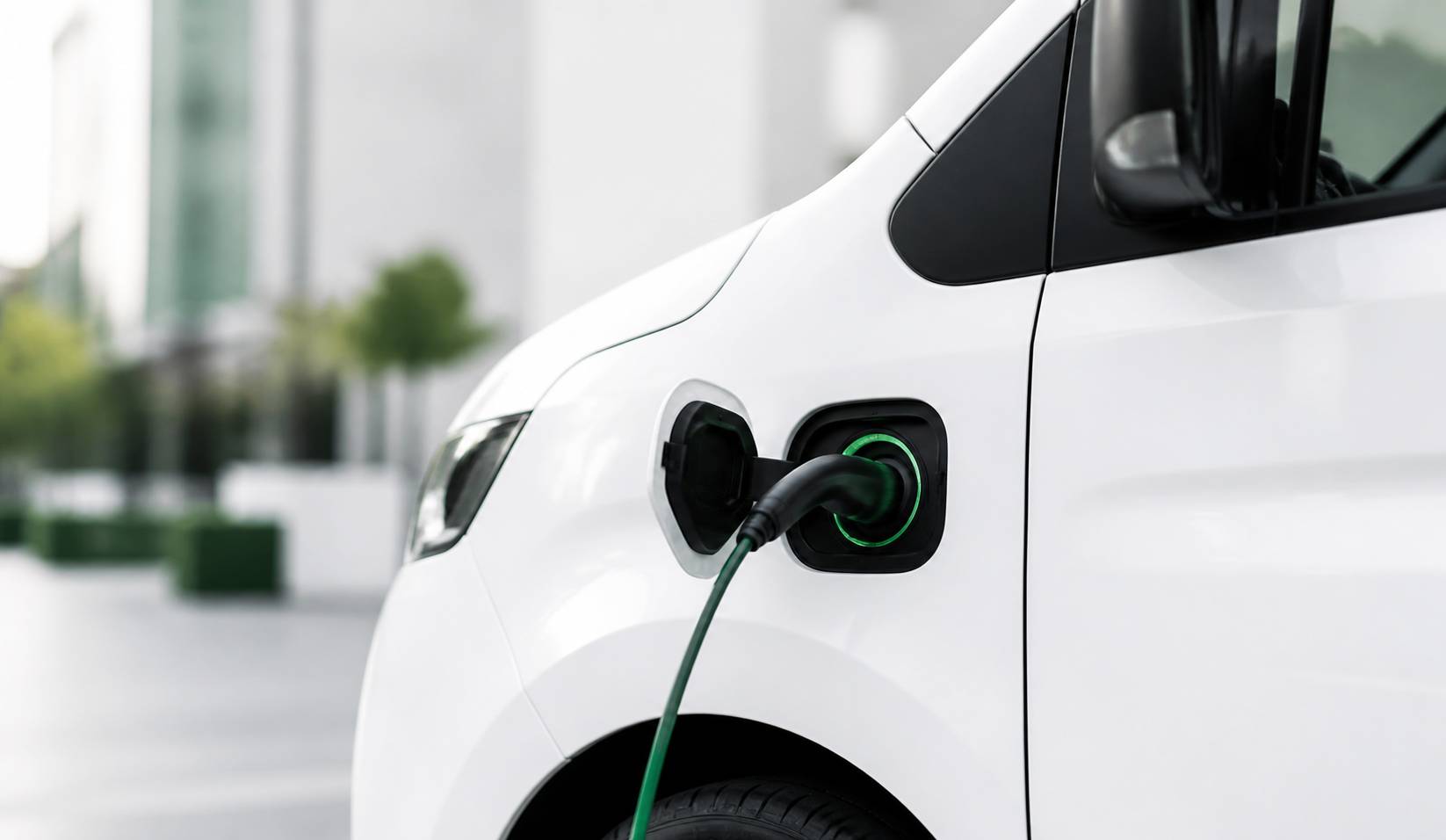 Câble de recharge connecté à l'avant d'un utilitaire blanc sans logo