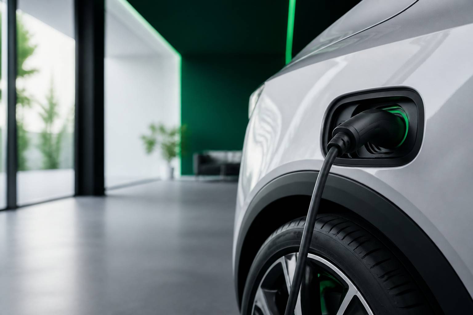 Prise de recharge d'une voiture électrique avec câble branché en showroom