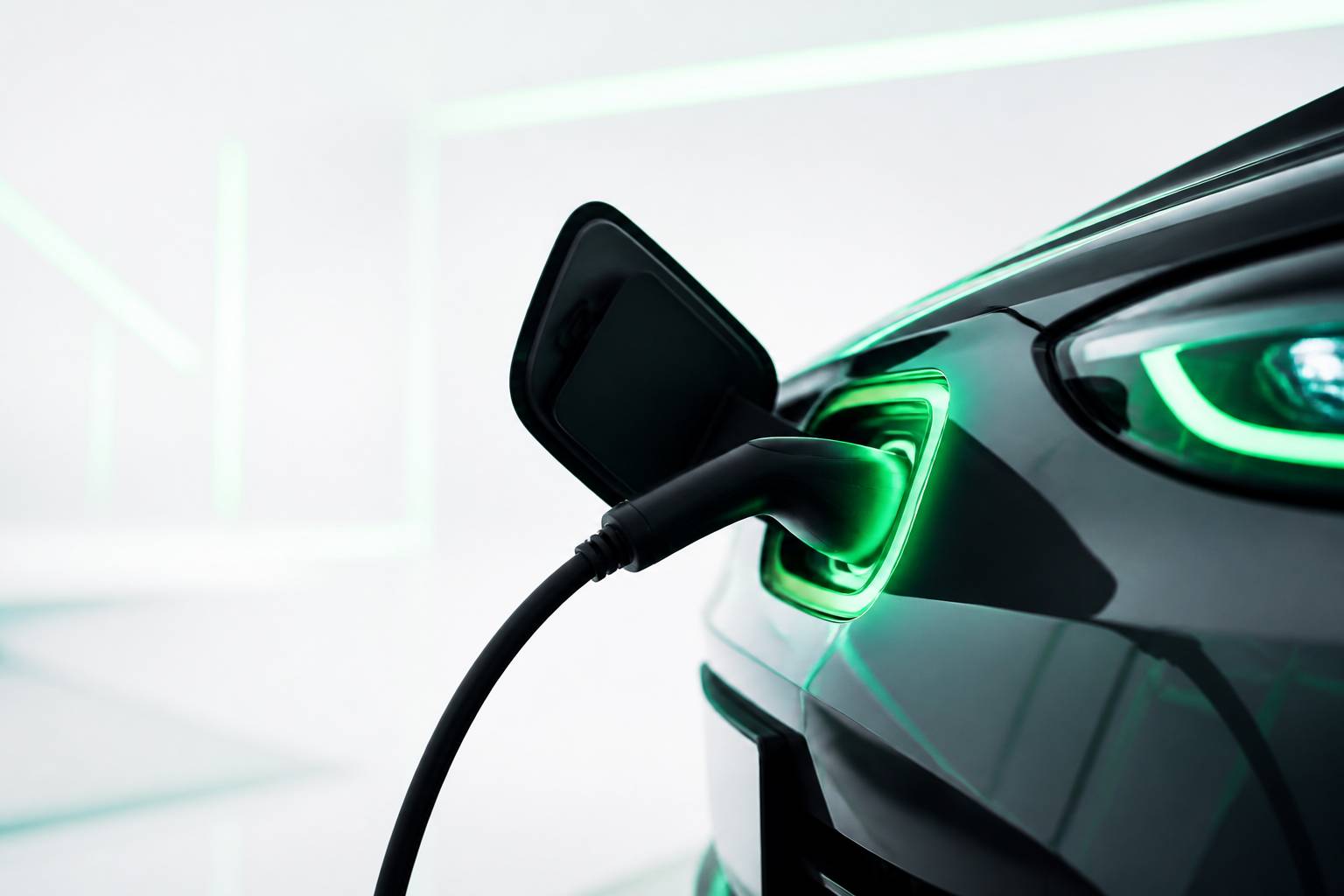 Prise de recharge branchée sur l'avant d'une berline hybride rechargeable