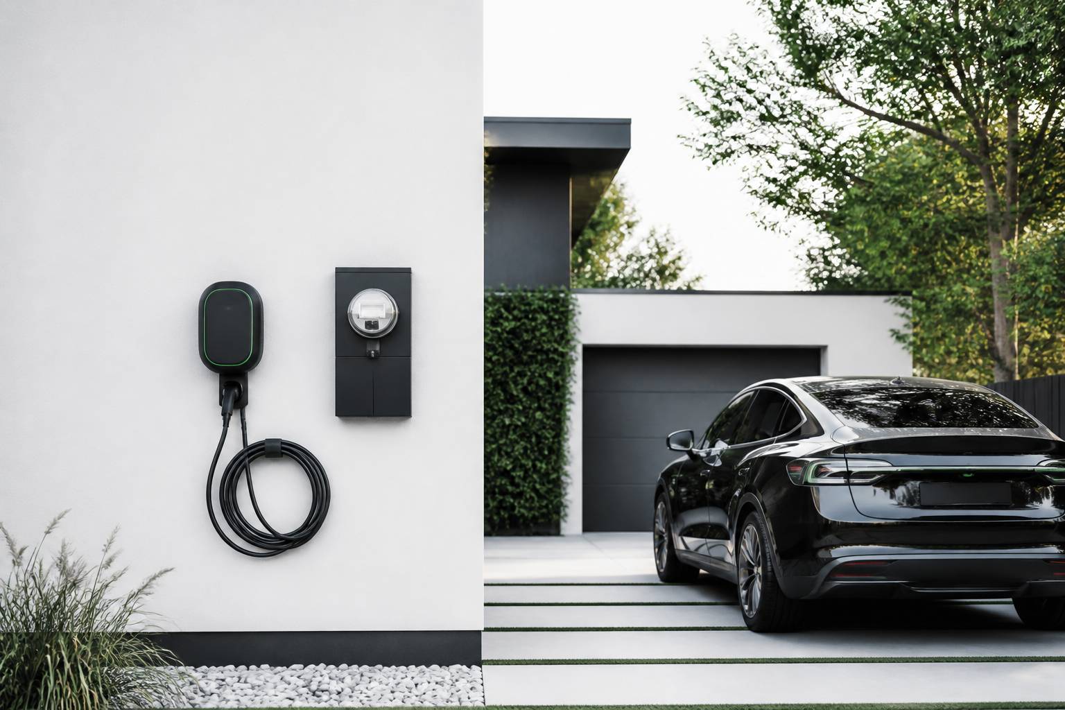 Prise de recharge murale avec voiture électrique garée devant