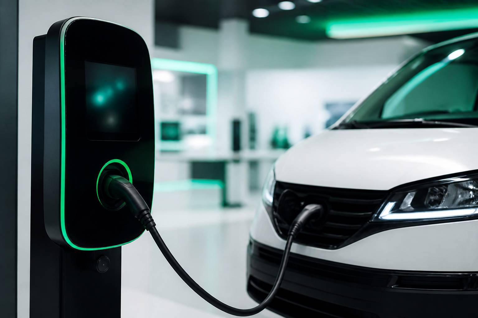 Câble de recharge branché à l'avant d'un utilitaire électrique