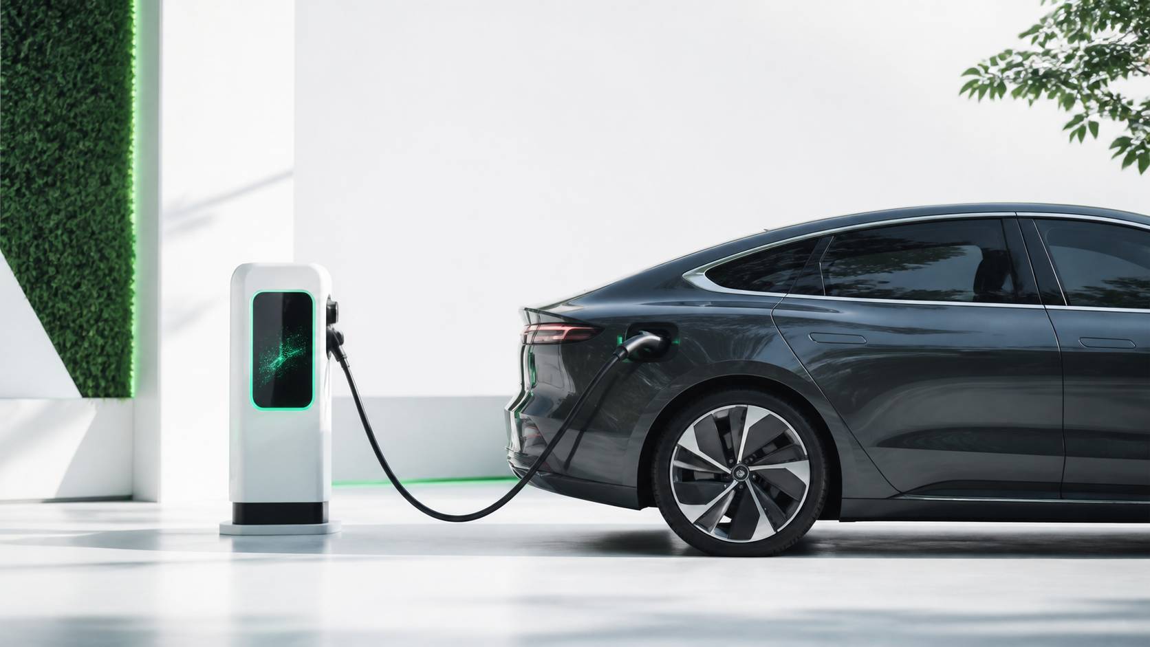 Berline électrique branchée à une borne de recharge avec câble dans une station claire