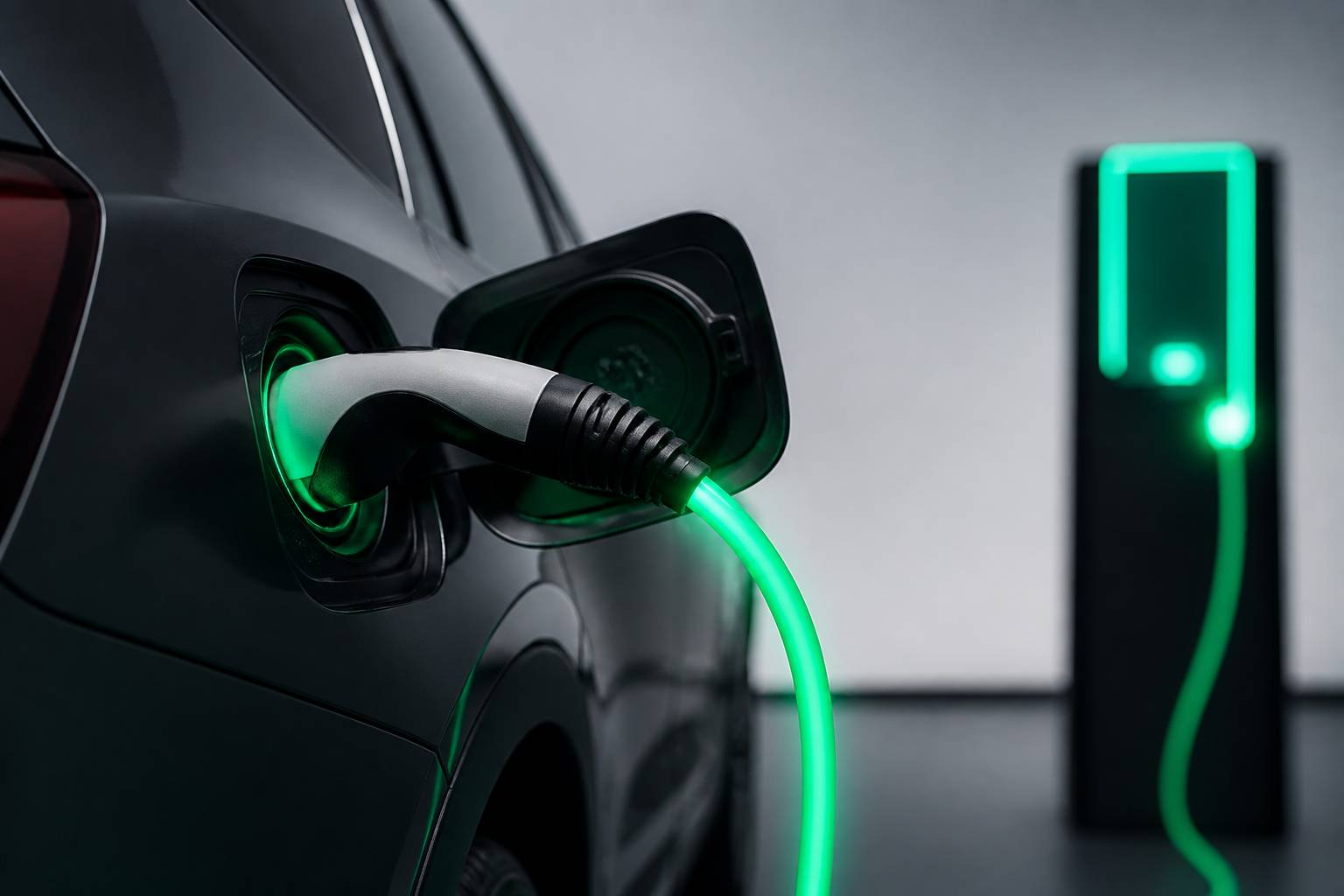 Câble de recharge branché sur un véhicule électrique sans marque