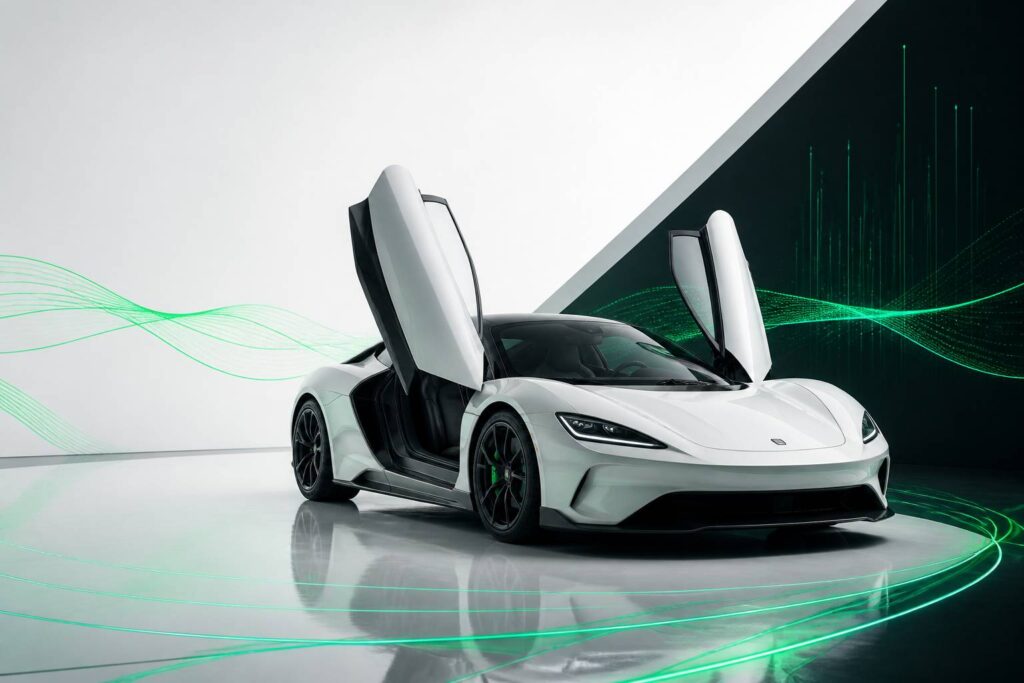 Coupé sportif hybride aux portes papillon dans un studio clair