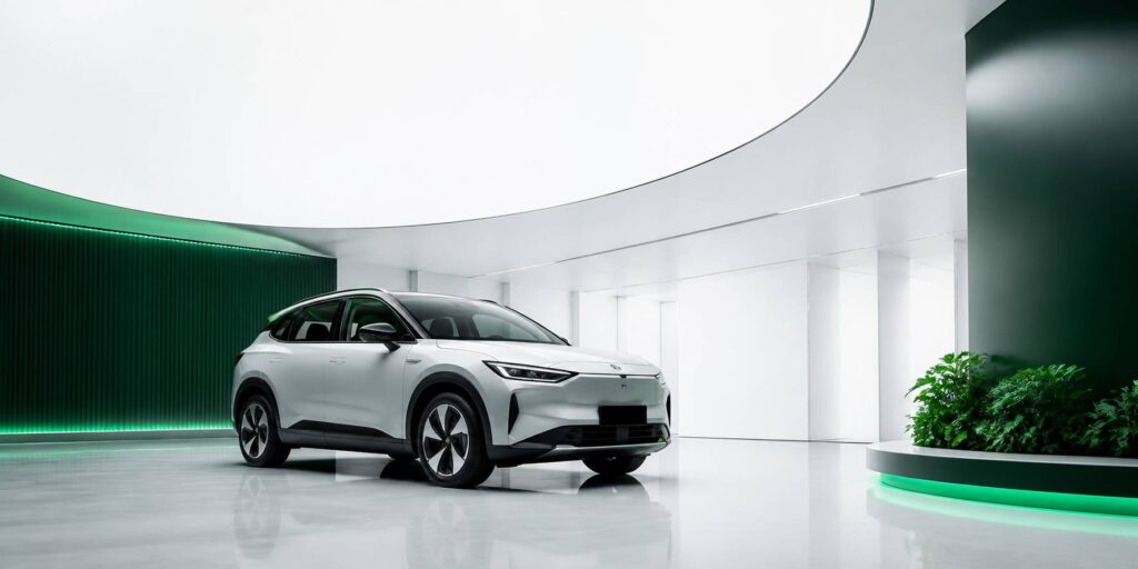 SUV compact électrique moderne de couleur neutre dans un showroom lumineux aux accents verts