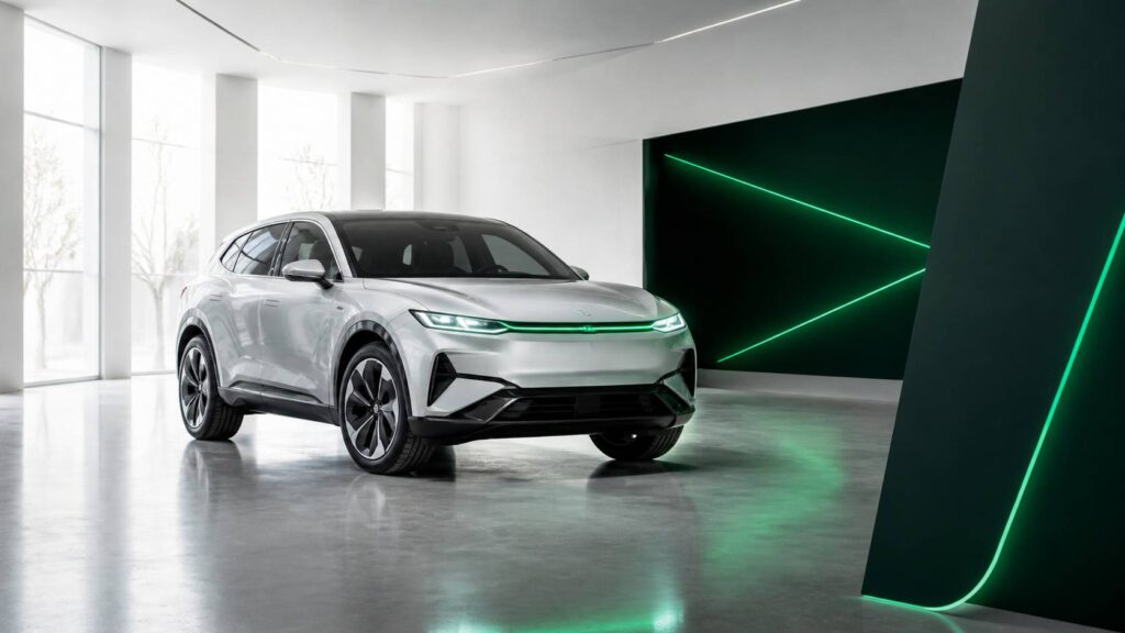 SUV électrique conceptuel aux lignes futuristes avec calandre fine éclairée dans un showroom