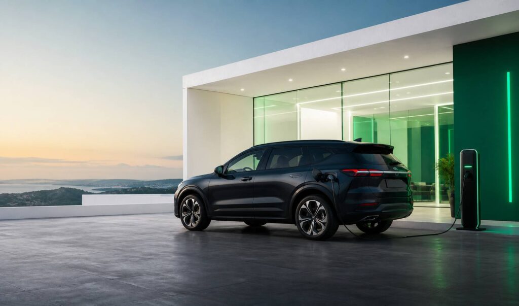 SUV hybride branché à une borne de recharge