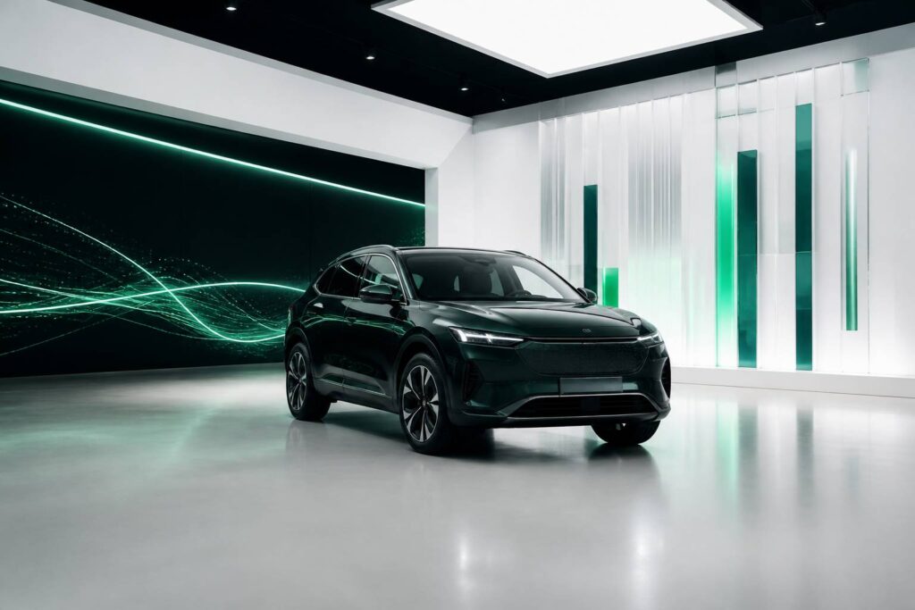 SUV moderne sombre dans un showroom épuré sans logo