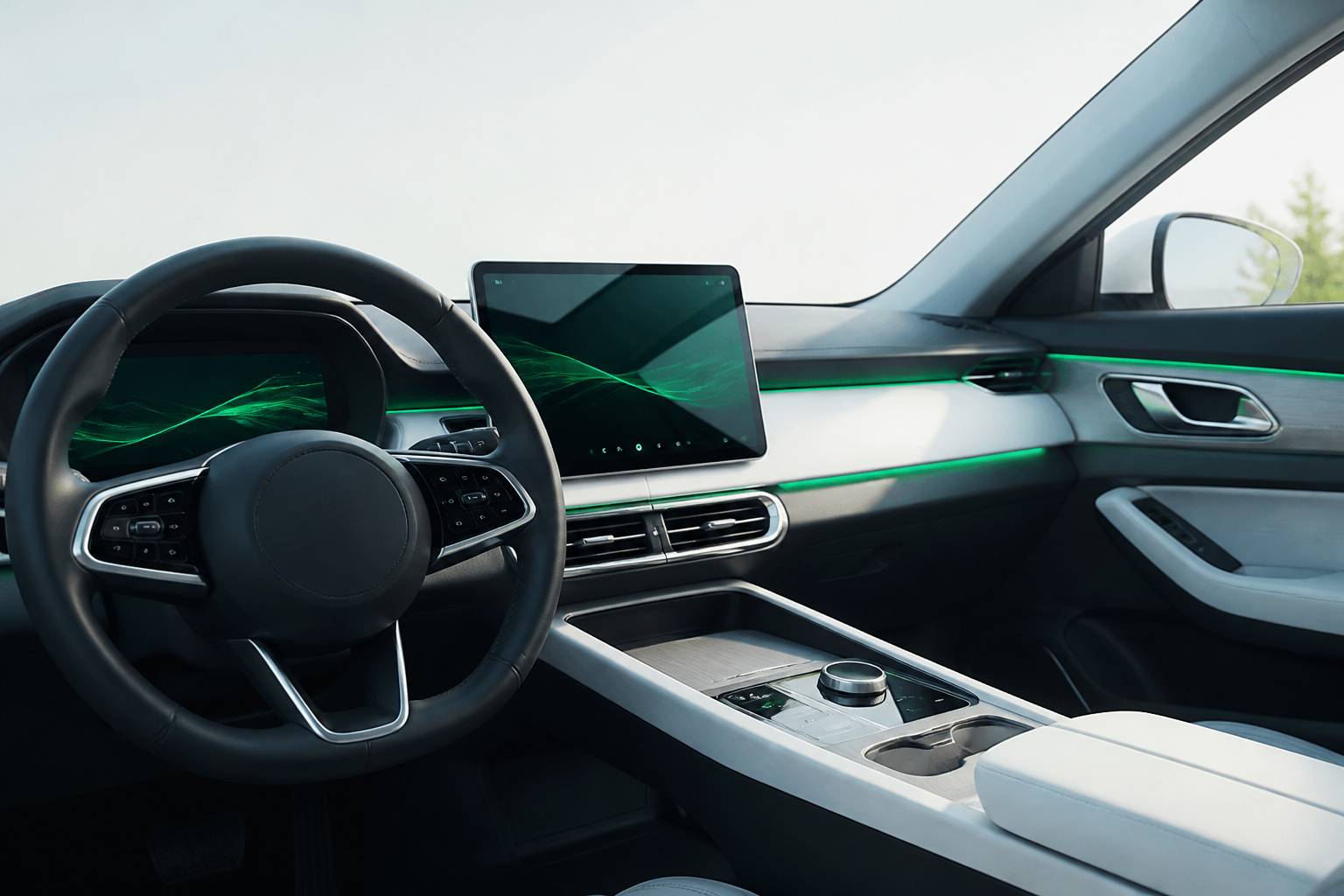 Tableau de bord de SUV avec écran central et volant en cuir