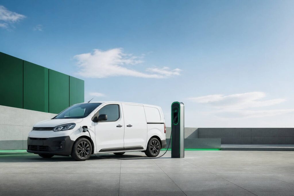Utilitaire compact blanc branché à une borne de recharge dans un cadre urbain épuré