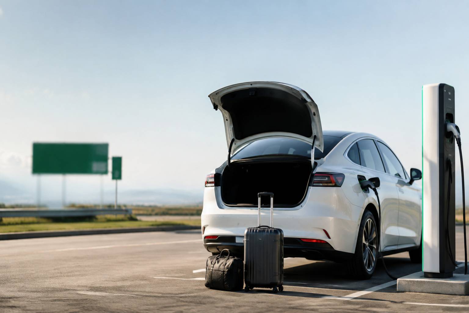 Berline électrique générique branchée à une borne neutre avec valises au coffre