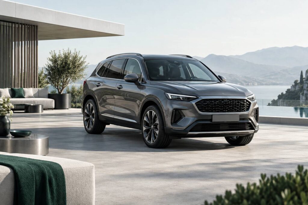 SUV familial hybride gris stationne sur une aire degagee