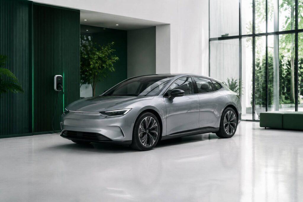 Berline électrique générique sans logo au profil fastback dans un studio clair