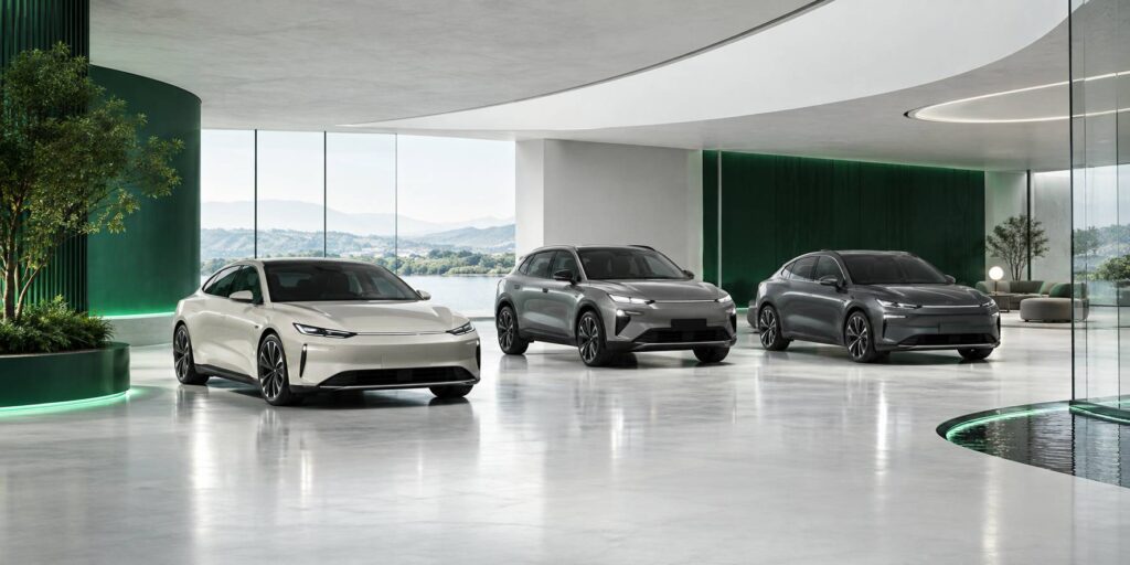 Voitures électriques anonymes alignées dans un showroom à l'éclairage diffus