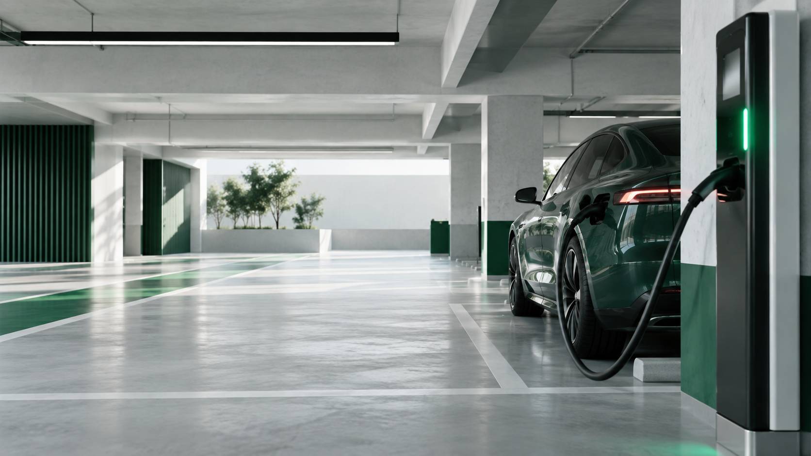 Voitures électriques anonymes alignées dans un showroom à l'éclairage diffus
