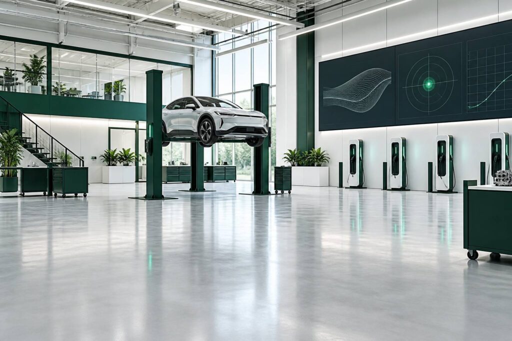 Halle de recherche automobile avec véhicule électrique et bornes de recharge