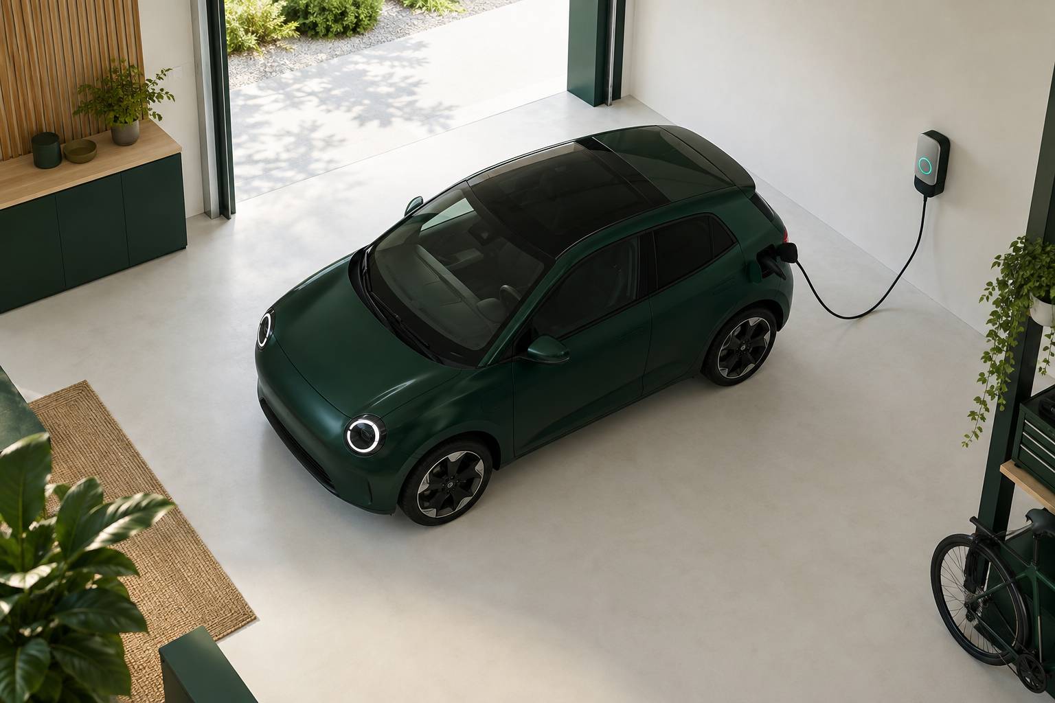 Câble de recharge relié à une citadine électrique dans un garage clair